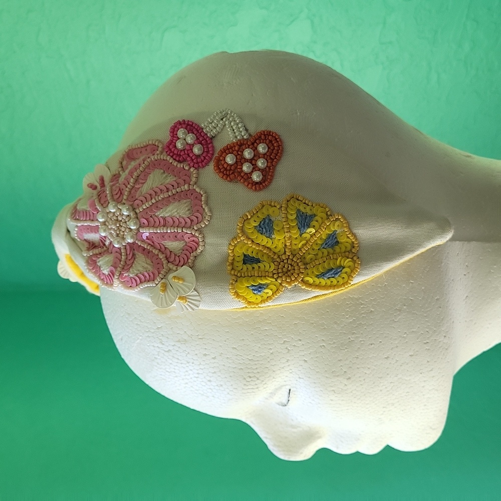 White & Yellow Fabric Headband with Colorful Beaded Flowers